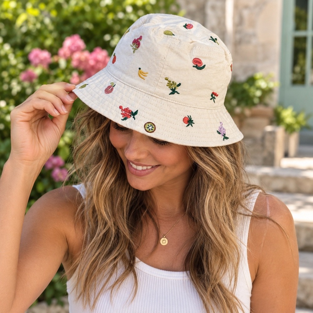 Madewell Canvas Bucket Hat Cream Fruit Floral Embroidered Sun Hat NG162 ML